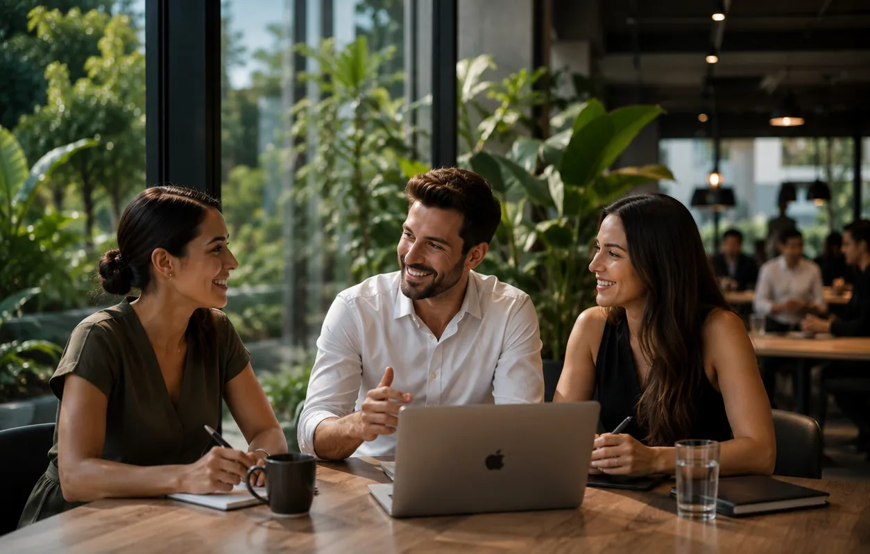 Personas conversando en una mesa de trabajo junto a un jardín
