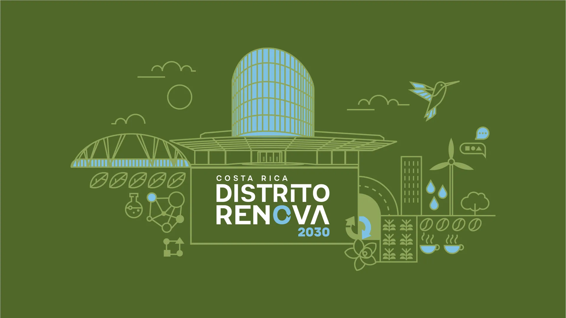 Ilustración de Distrito Renova: el Centro de Convenciones rodeado de naturaleza, energía, conocimiento y café