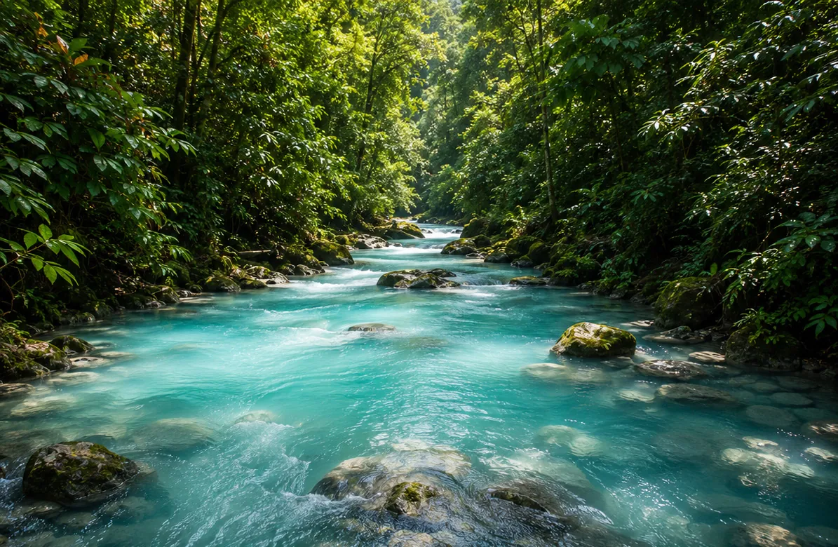 Río de aguas turquesa en el bosque de Costa Rica