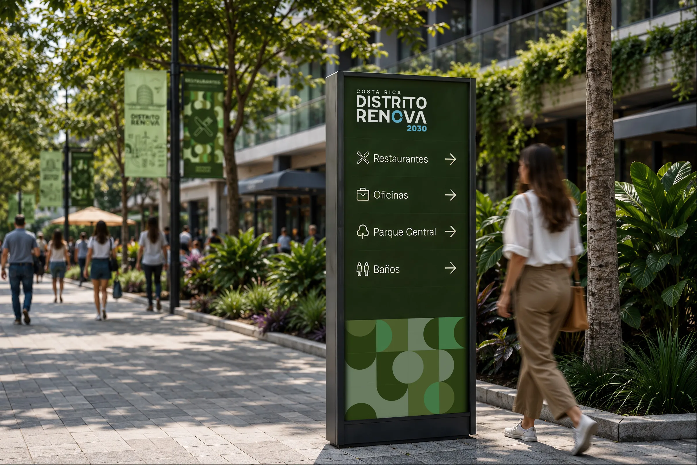 Personas caminando junto a la señalética del distrito