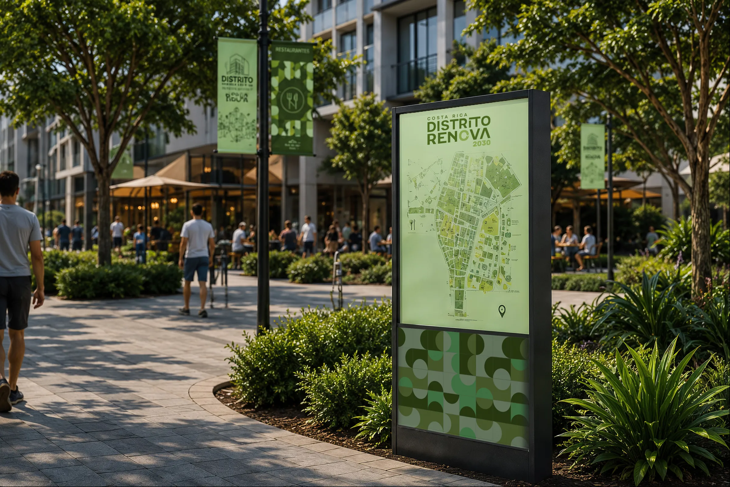 Señalética de Distrito Renova en un paseo con jardines